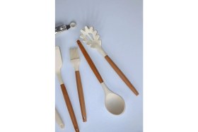 Resim ÖzSa Home 8 Parça Silikon Kepçe Kevgir Kaşık Fırça Maşa Bambu Saplı Mutfak Servis Seti Takımı Krem 
