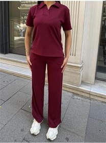 Resim WeShaya Bordo Polyester Keten Polo Yaka Takım Bordo 