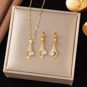 Resim 3'lü Set Altın Kaplama Paslanmaz Çelik Zincirli Altın Kübik Zirkonya Geometrik Su Damlası Yaratıcı Kişilik Tasarımı Fransız Hafif Lüks Retro Nötr Tarz Moda Basit Trendy Çok Yönlü Erkek ve Kadın Çiftler Sokak Günlük İşe Gidiş Geliş Tatil Parti Giyimi OPP Torba Ambalajı) 