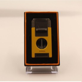 Resim Çift Torch Pürmüz Dahili V Kesicili Sarı - Gunmetal Metal Puro Çakmağı 