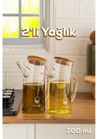 Resim Porsima 2093 Bambu Kapaklı Vakumlu Borosilikat Cam 2li Yağdanlık Yağlık Sirkelik Seti 700ml Şeffaf 