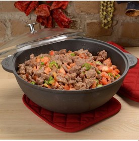 Resim Lava Döküm Yuvarlak Kazan Cam Kapaklı / Tencere. Çap 28 CM. 