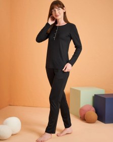 Resim Pjs Kadın Viskon 4 Mevsim Kumaş Düğmeli Uzun Kollu Pijama Takım Siyah 