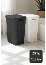 Resim İronika Slim İki Bölmeli Kapaklı Dekoratif Kirli Çamaşır Sepeti 90 Litre Siyah - Beyaz Siyah 