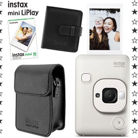 Resim Instax Mini LiPlay Hybrid Misty White Fotoğraf Makinesi - 10'lu Film Albüm ve Deri Kılıf Hediye Seti 
