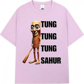 Resim Snapbuy Komik Beyzbol Sopası Desenli T-shirt Erkek Kadın Gevşek Fit Sahur Modapembe Pembe 