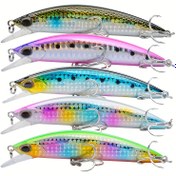 Resim 5'li Paket Levrek Balık Yemleri - 30g 10.2cm ABS Minnow Yemler, 3lü Üçlü Kancalı, Tatlı ve Tuzlu Su İçin Canlı Karışık Renkler, Şık Balıksimidi Tasarımı, Gerçekçi Detaylar 