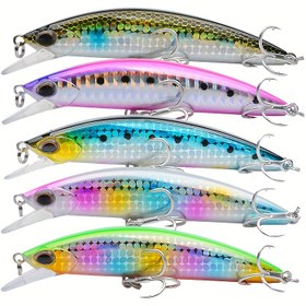 Resim 5'li Paket Levrek Balık Yemleri - 30g 10.2cm ABS Minnow Yemler, 3lü Üçlü Kancalı, Tatlı ve Tuzlu Su İçin Canlı Karışık Renkler, Şık Balıksimidi Tasarımı, Gerçekçi Detaylar 