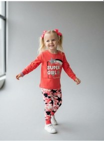 Resim Kız Çocuk Super Girl Yazılı Simli Baskılı Uzun Kollu Pijama Takımı-16828 Pembe 