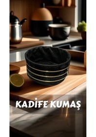 Resim Singl Gold Metal Yuvarlak Ekmeklik Ve Meyvelik Lüx Kadife Kumaş Ekmek Sepeti Siyah 