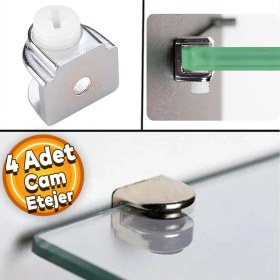 Resim Badem10 Raf Ahşap Cam Tutucu Cam Etejer Düz Metal Krom Plastik Vidalı 