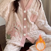 Resim Kadın Pijama Seti, Sonbahar ve Kış Uzun Kollu Uzun Pantolon Açık Önü Nakışlı Resim Cebi Sevimli Sıcak Rahat Günlük Giyim Seti 