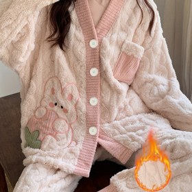 Resim Kadın Pijama Seti, Sonbahar ve Kış Uzun Kollu Uzun Pantolon Açık Önü Nakışlı Resim Cebi Sevimli Sıcak Rahat Günlük Giyim Seti 