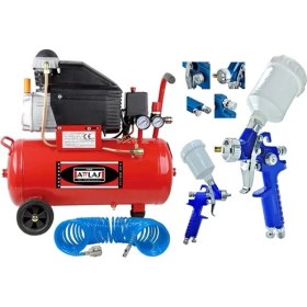 Resim Attlas 50 Litre Hava Kompresörü ve Üstten Depolu Hava Boya Tabanca Seti Full Set 