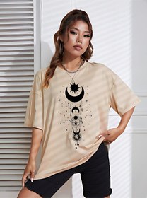 Resim Ay Güneş T-shirt - Bej Baskılı Oversize Bisiklet Yaka Kısa Kol Tişört Bej 