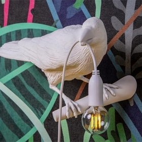 Resim Caju Art & Decoration Dal Üstünde Lamba Tutan Karga Modern Abajur Dekor Işık Beyaz 