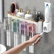 Resim Kolay Kurulumlu Duvara Monte Diş Fırçası Tutucu ve Ağız Gargarası Bardağı Delme Gerektirmeyen - Yer Tasarruflu Banyo Diş Macunu ve Fırça Düzenleyici, Şeffaf, Diş Fırçası Tutucu Seti 1 adet 