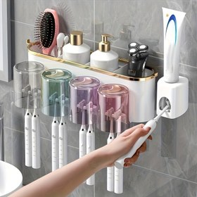 Resim Kolay Kurulumlu Duvara Monte Diş Fırçası Tutucu ve Ağız Gargarası Bardağı Delme Gerektirmeyen - Yer Tasarruflu Banyo Diş Macunu ve Fırça Düzenleyici, Şeffaf, Diş Fırçası Tutucu Seti 1 adet 