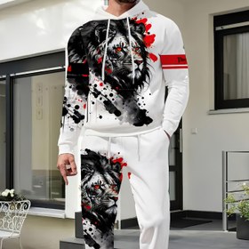 Resim Erkekler için Günlük 2 Parça Takım, Aslan Baskılı Kapüşonlu Sweatshirt ve Jogger Pantolon, İlkbahar/Sonbahar Moda Kıyafeti 