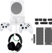 Resim Wall Mount for Xbox Series S, Xbox Series S Wall Mount Kit, with Detachable Controller Holder & Headphone Hanger & Dust Plugs Net kits, Metal Stand for Xbox Series S (NOT FOR XBOX ONE S) 