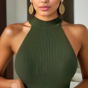 Resim Şık Yeşil Omuz Üstü Örgü Atlet - Kolsuz, Yüksek Boyun, Polyester Astar, Bahar ve Sonbahar için Mükemmel, Plaj Giyim|Minimalist Moda|Pürüzsüz Dokusu 