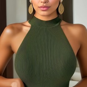 Resim Şık Yeşil Omuz Üstü Örgü Atlet - Kolsuz, Yüksek Boyun, Polyester Astar, Bahar ve Sonbahar için Mükemmel, Plaj Giyim|Minimalist Moda|Pürüzsüz Dokusu 