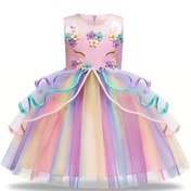 Resim Kızlar Unicorn Prenses Elbise Sevimli Çiçekli Unicorn Baskılı Mesh Prenses Tutu Elbise Tül Çocuk Elbiseleri ile 