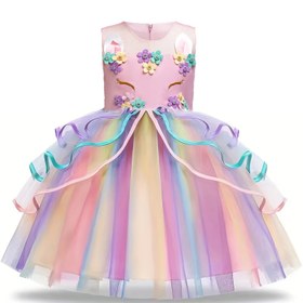 Resim Kızlar Unicorn Prenses Elbise Sevimli Çiçekli Unicorn Baskılı Mesh Prenses Tutu Elbise Tül Çocuk Elbiseleri ile 