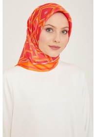 Resim Armine Pembe-turuncu Geometrik Desen Sura İpek Eşarp 9132-85 