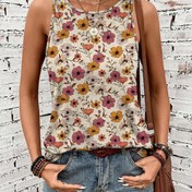 Resim Kadınlar İçin Şık Çiçek Desenli Kolsuz Atlet - Canlı Turuncu Pembe Sarı Renklerde Beyaz Üzerine, Yuvarlak Yaka Günlük Moda Her Mevsim Makinede Yıkanabilir Bluz, Kadın Tank Topları, Saydam Olmayan Kumaş, İlkbahar Stili, Yumuşak Dokulu Baskılı Bluz, Moda Tutkunlarına Özel 