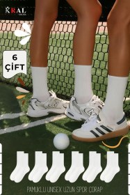 Resim Kral Socks Unisex Beyaz 6 Çift Pamuklu Tenis Spor Uzun Soket Boy Çorap Beyaz 