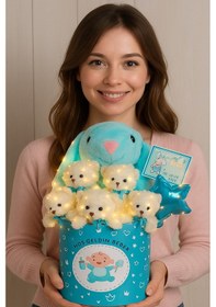 Resim Hoşgeldin Bebek Temalı, Uyku Arkadaşı Tavşan İle Led Işıklı Yumoş Peluş Ayıcık Buketi, Yenidoğan-babyshower Özel 