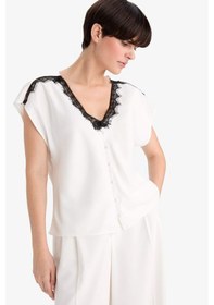 Resim Defacto Regular Fit V Yaka Saten Kısa Kollu Gömlek G4407ax25auer105 Ekru 