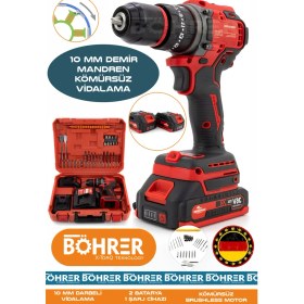 Resim Böhrer V298 5AH 10MM Demir Mandren 2 Bataryalı Kırmızı Darbeli Vidalama Matkap 