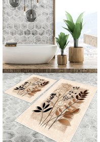 Resim Dijital Baskı Yaprak Desen Kaymaz Taban 2li Set Banyo Paspası Klozet Takımı 50x60cm-60x100cm Krem 