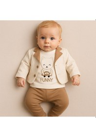 Resim Ayıcık Desenli Hırkalı Erkek Bebek Takım Krem 