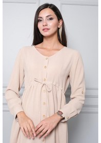 Resim Busa Hamile Önden Düğmeli Ve Bağcıklı Uzun Kollu Viskon Elbise Bej 