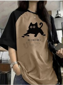 Resim Jklvzoe 2025 Yaz Yeni Komik Kedi Baskılı Kadın Tişört Patchwork Kısa Kollu Spor Üstblack Black 