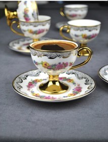 Resim 2 Kişilik Porselen Pembe Çiçekli Vintage Gold Ayaklı Kahve Fincan Takımı 90 Ml 