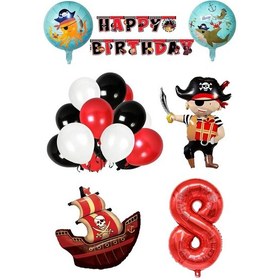 Resim 8 Yaş Korsan Temalı Doğum Günü Parti Kutlama Seti Kırmızı 