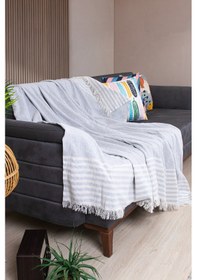 Resim Pamuklu Püsküllü Elmas Desenli Koltuk Örtüsü 170x210 Cm Dekoratif Kanepe, Yatak Ve Tv Örtüsü Gri 