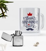 Resim Bk Gift Kişiye Özel Benim Kral Babam Cam Kupa Bardak Benzinli Metal Çakmak Seti 