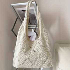 Resim Vintage Kadın Örgü Çanta - Sabit Omuz Askılı Büyük Kapasiteli Katlanabilir Plaj Çantası, Çizgili Tasarım, Yaz Tatili için Dayanıklı Polyester, Günlük Kullanım ve Rahat Geziler için (Haki/Beyaz), Tatil Çantası | Çizgili Desen | Plaj Tarzı Tote 