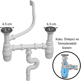Resim DESIPHON Çift Gözlü Lavabo Sifonu, 304 Paslanmaz Çelik, Yandan Taşmalı, Körüklü, Koku Önleyici 