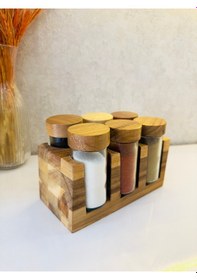 Resim Mien 6 Lı Akasya Kapaklı Ve Akasya Standlı Baharatlık Seti Bej 