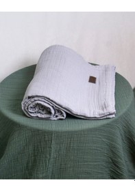 Resim 4 Katlı Müslin Yatak Örtüsü - Battaniye Pike %100 Organik Pamuk Dört Mevsim Yumuşak Tek Kişilik Açık Gri 