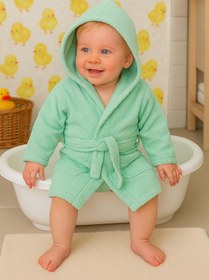 Resim CottonVerse Bebek & Çocuk Kapşonlu Bornoz - %100 Pamuk, Unisex Su Yeşili - Su Yeşili / 0-2 Yaş 