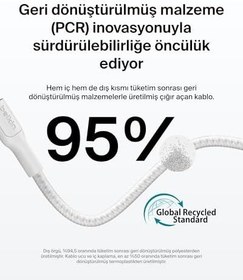 Resim Belkin Eco Örgülü USB-C - USB-C Kablosu, 1 m, 240 W, Yumuşak, Esnek Hızlı Şarj Kablosu, iPhone 16, Galaxy S25, Pixel 9, MacBook, iPad Pro ve Daha Fazlası için Tip-C Şarj Kablosu - Beyaz (USB 2.0) 