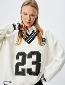 Resim Şardonlu Oversize Sweatshirt V Yaka Biyeli Kolej Baskılı 