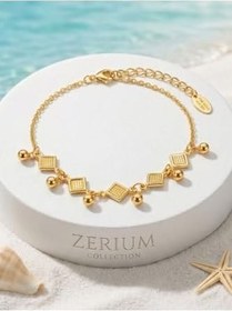 Resim Gold Renk Sallantılı Halhal Kare Plaka ve Top Detaylı Gümüş 